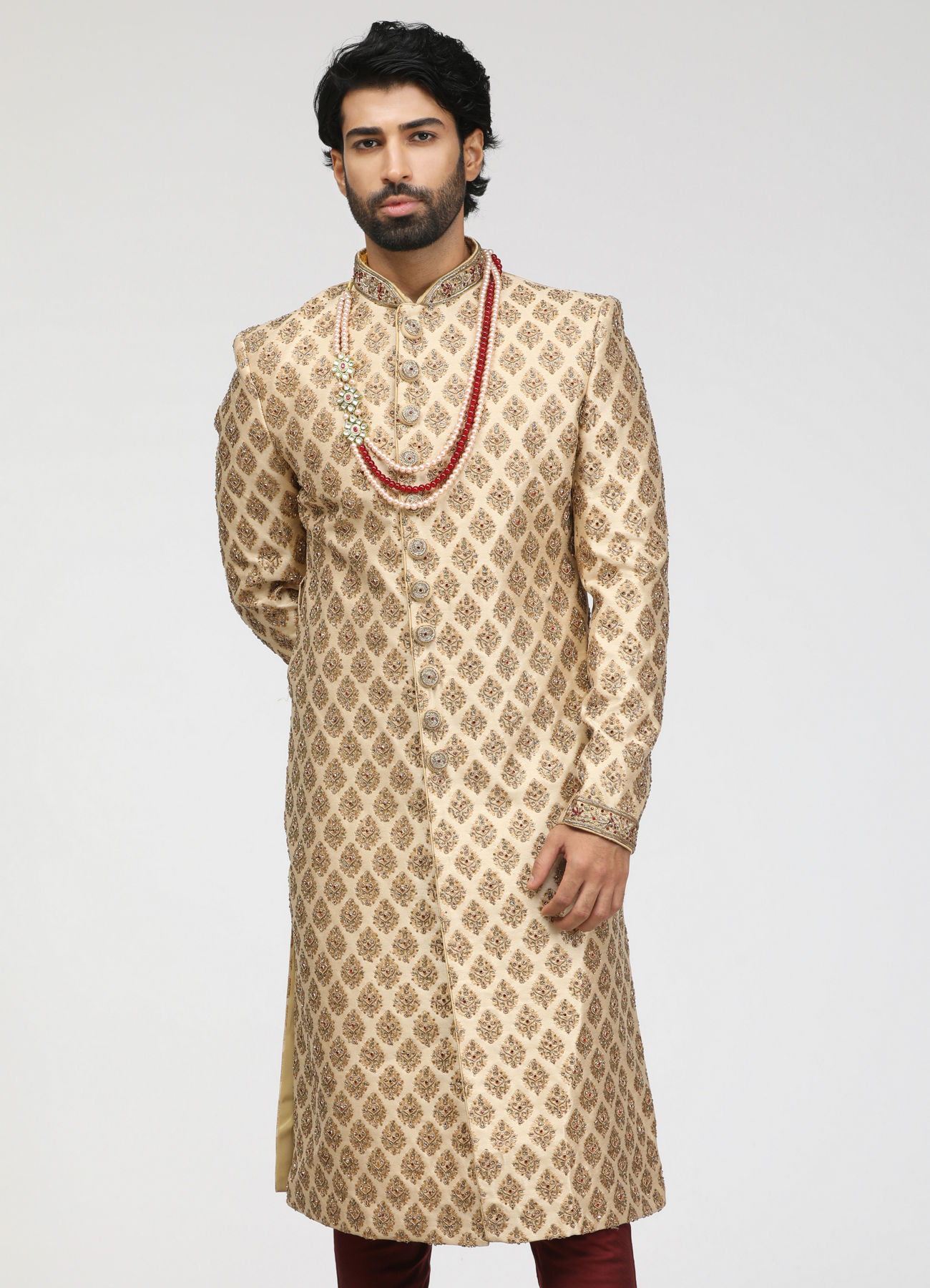 Manyavar Men Embellished Fawn Patterned Sherwani