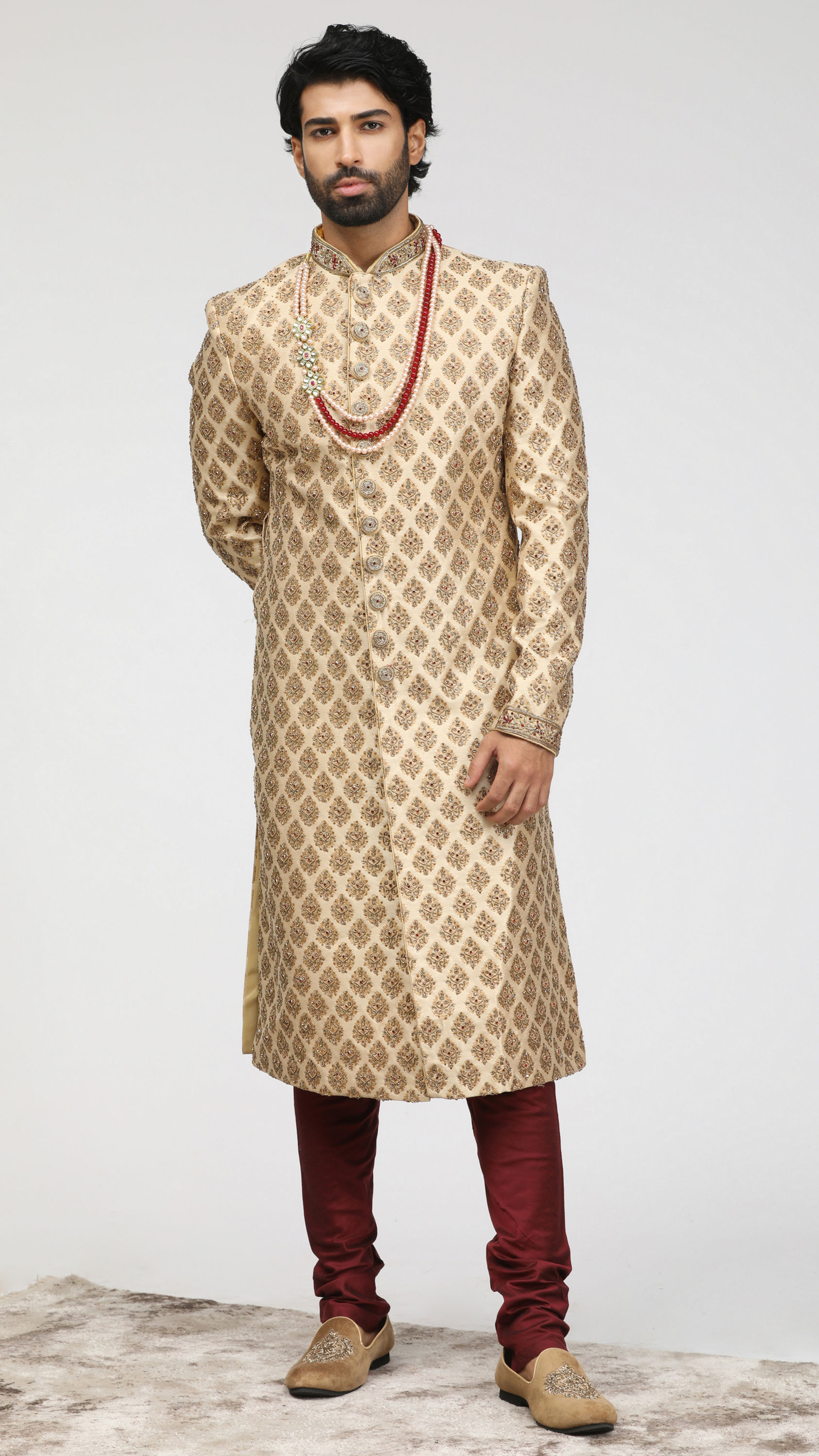 Manyavar Men Embellished Fawn Patterned Sherwani