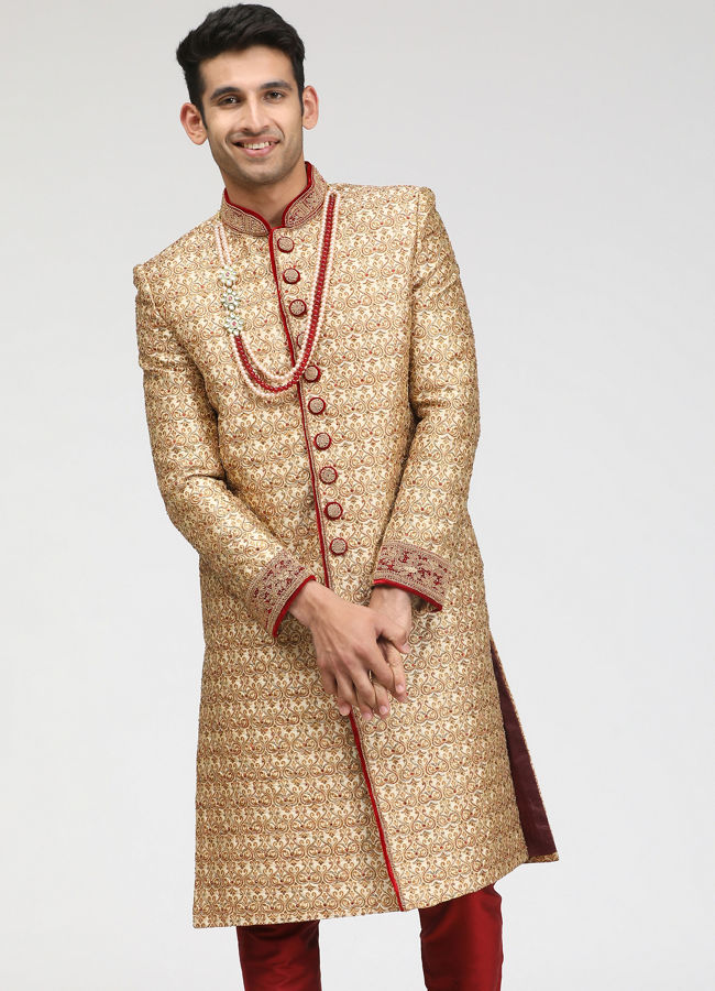 Manyavar Men Traditional Sherwani In Beige image number 1