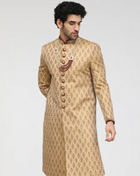 Manyavar Men Beige Jacquard Sherwani Set