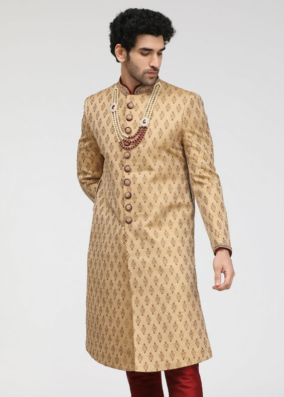 Manyavar Men Beige Jacquard Sherwani Set