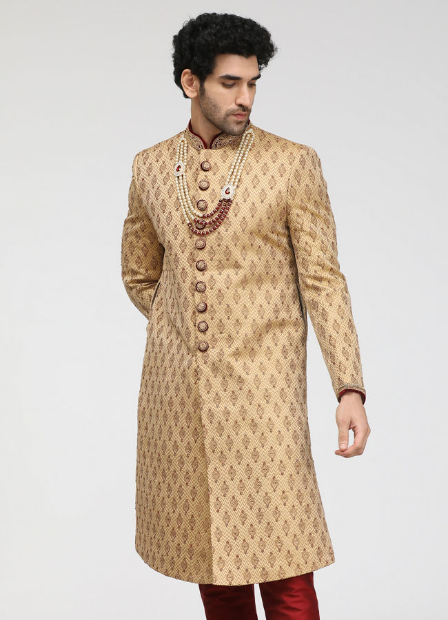 Manyavar Men Beige Jacquard Sherwani Set