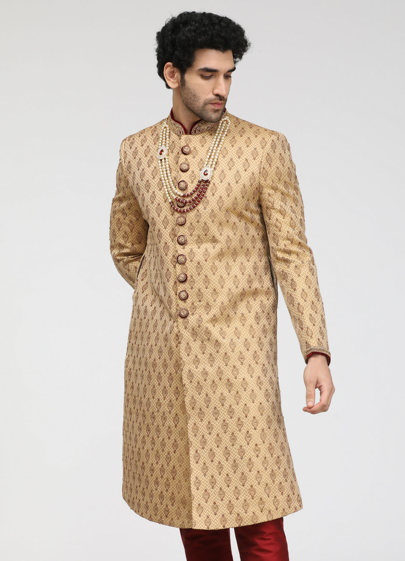 Manyavar Men Beige Jacquard Sherwani Set