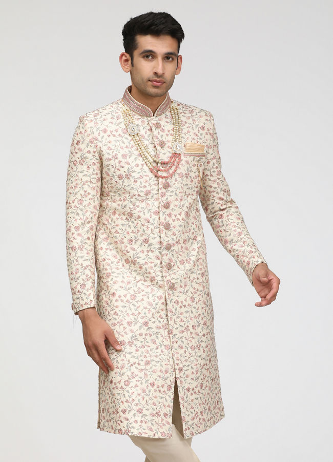 Ivory Cream Sherwani with Floral Motifs image number 1