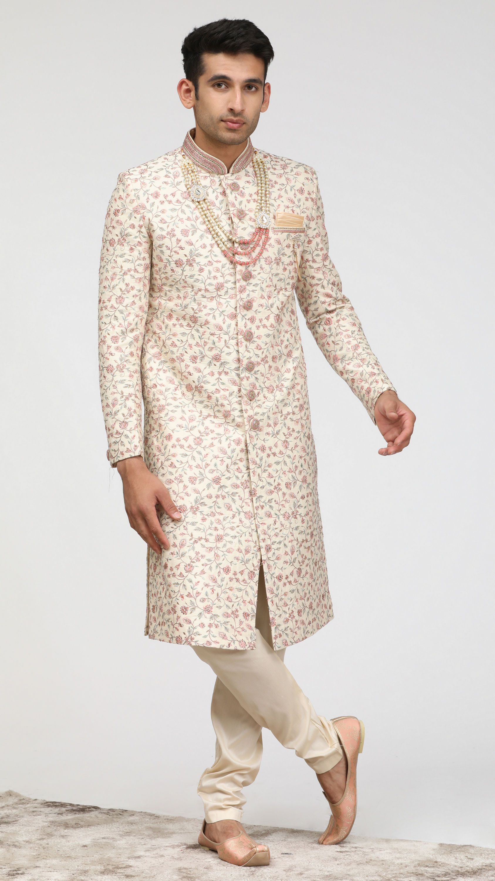 Manyavar Men Ivory Cream Sherwani with Floral Motifs