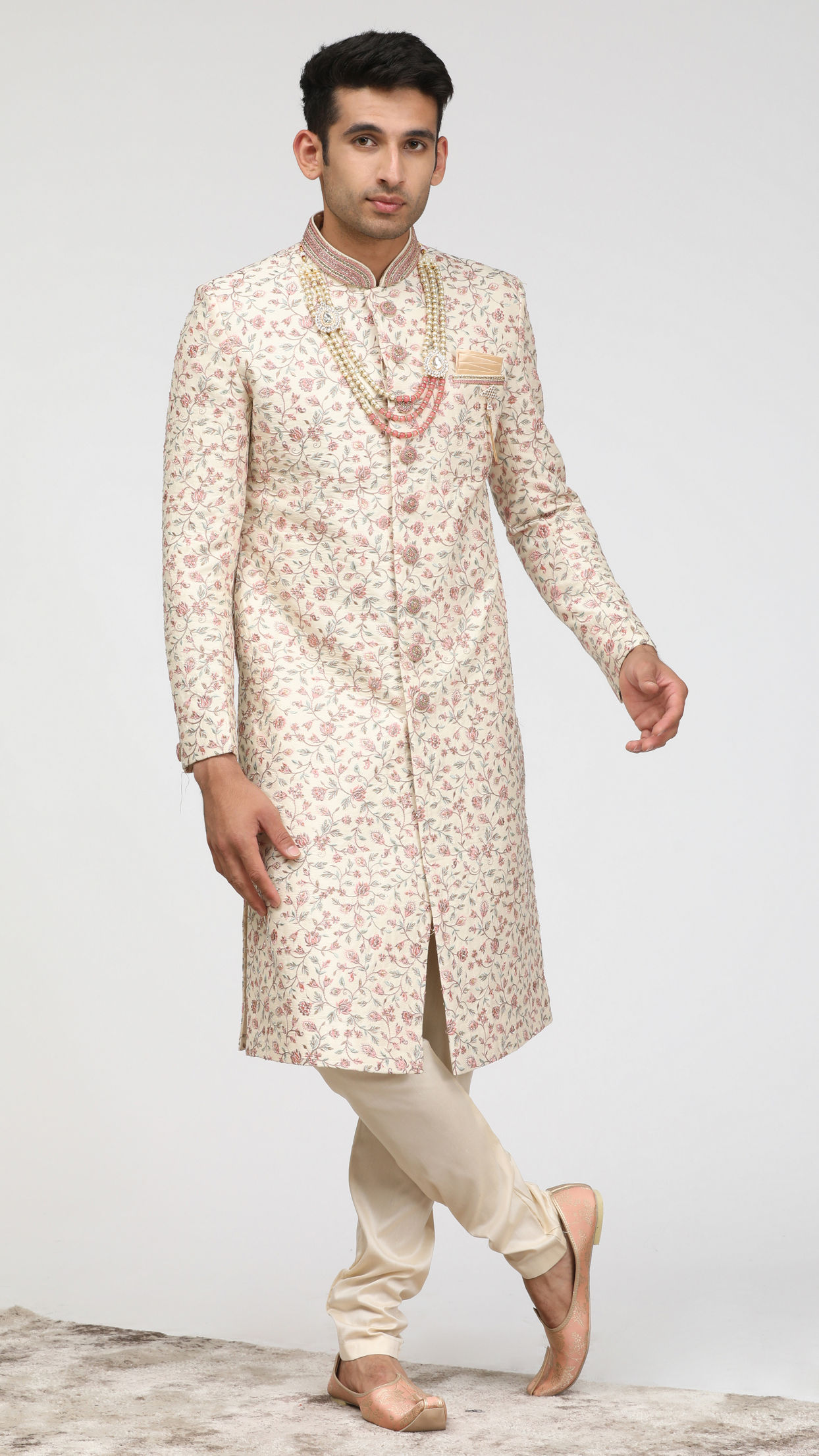 Ivory Cream Sherwani with Floral Motifs image number 1