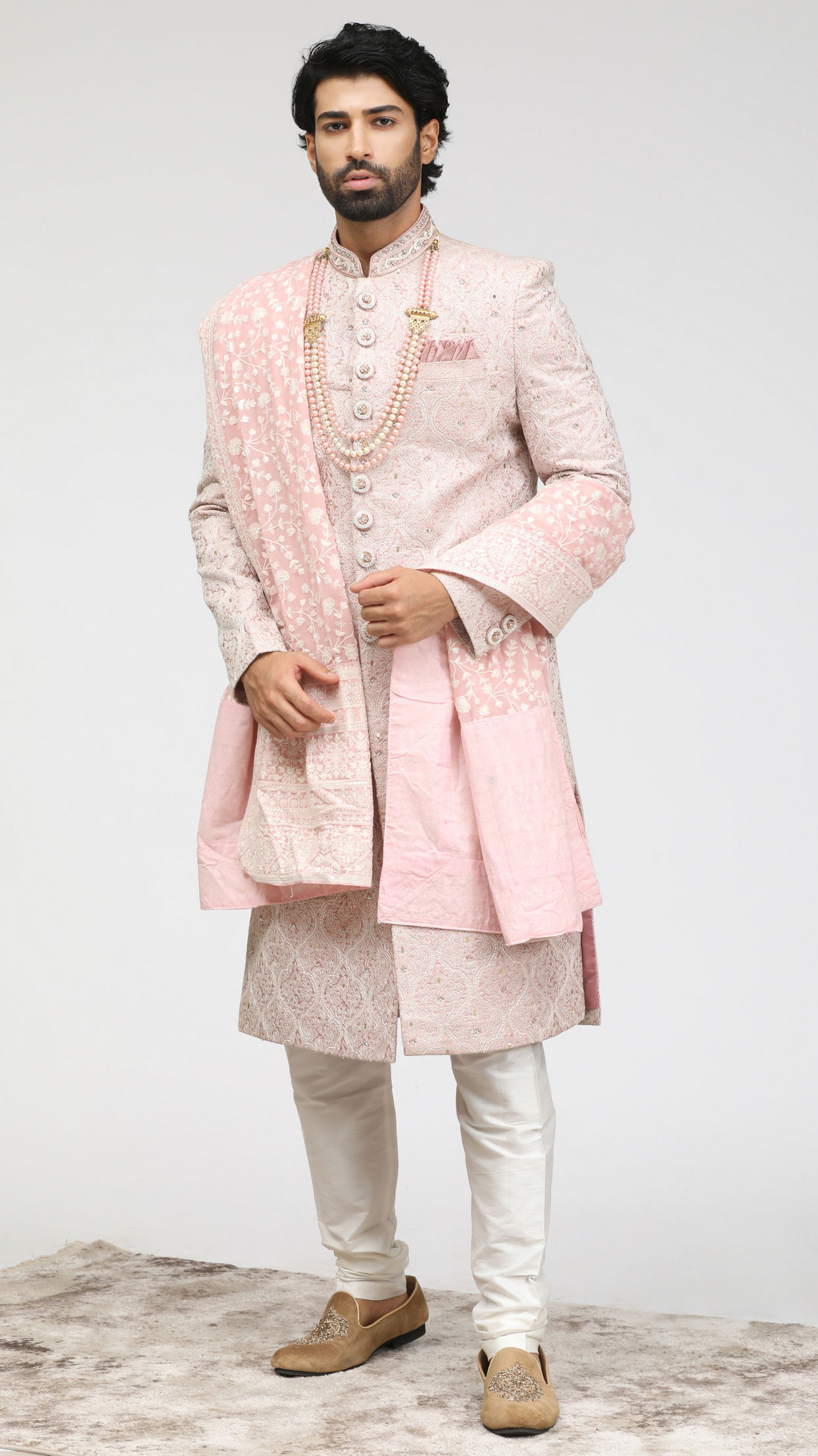 Coral Pink Ogee Patterned Sequin Sherwani Set image number 1