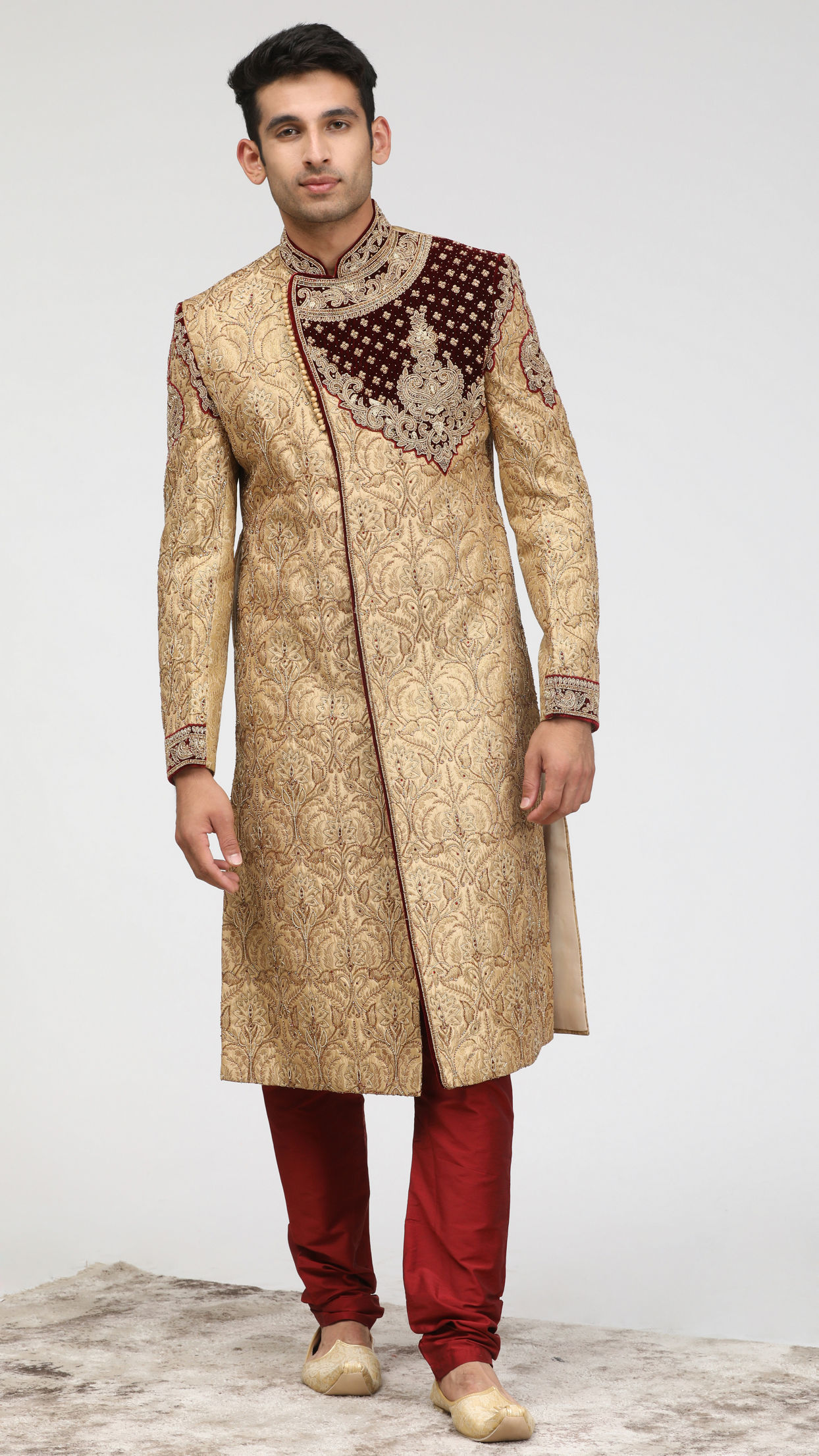 Manyavar Men Exquisitely Detailed Fawn Sherwani