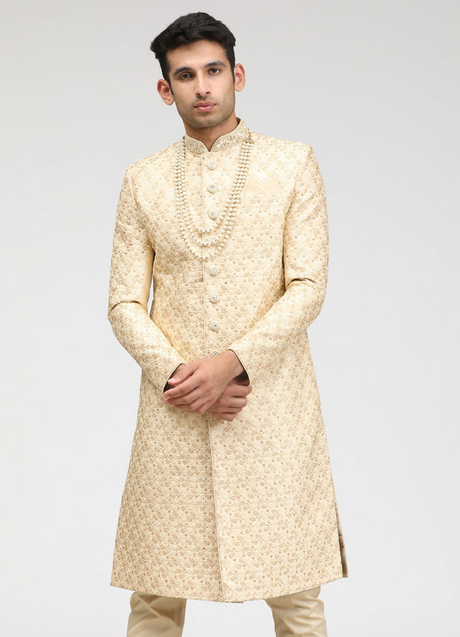 alt message - Manyavar Men Minimalist Cream Sherwani image number 1