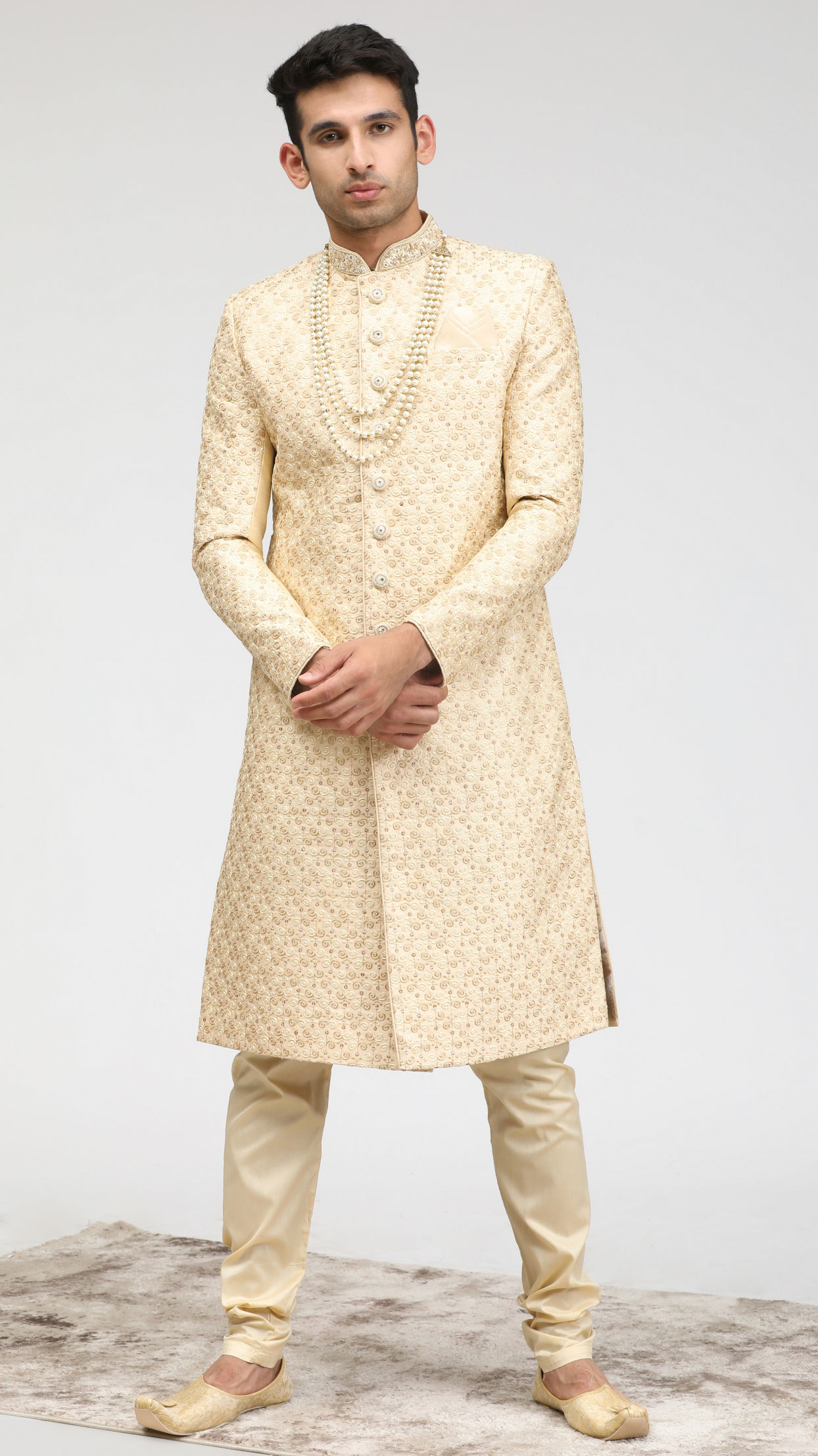 alt message - Manyavar Men Minimalist Cream Sherwani image number 1