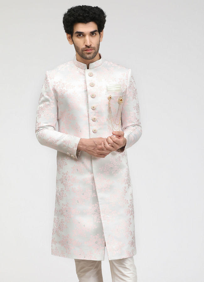 Faded Pink Sherwani With Floral Motifs image number 1