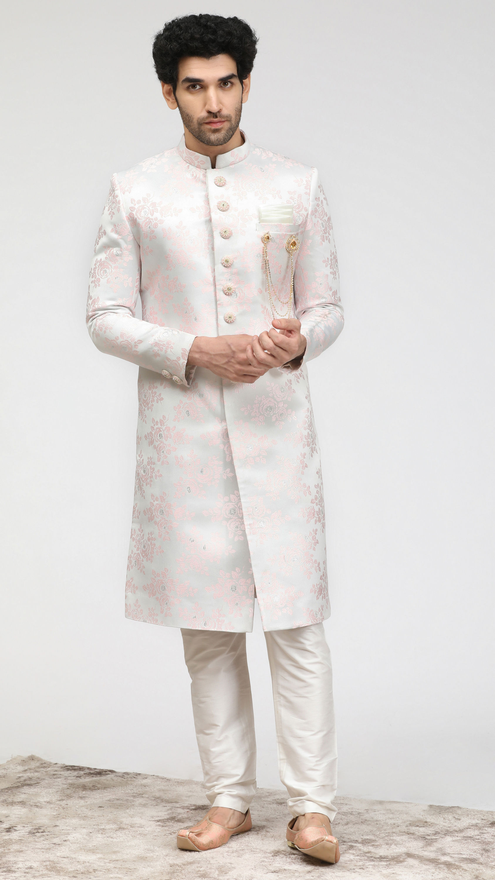 Manyavar Men Faded Pink Sherwani With Floral Motifs