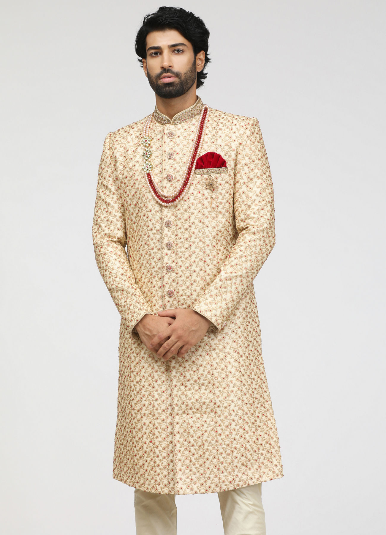 Manyavar Men Beige Sherwani With Heavy Embroidery Work
