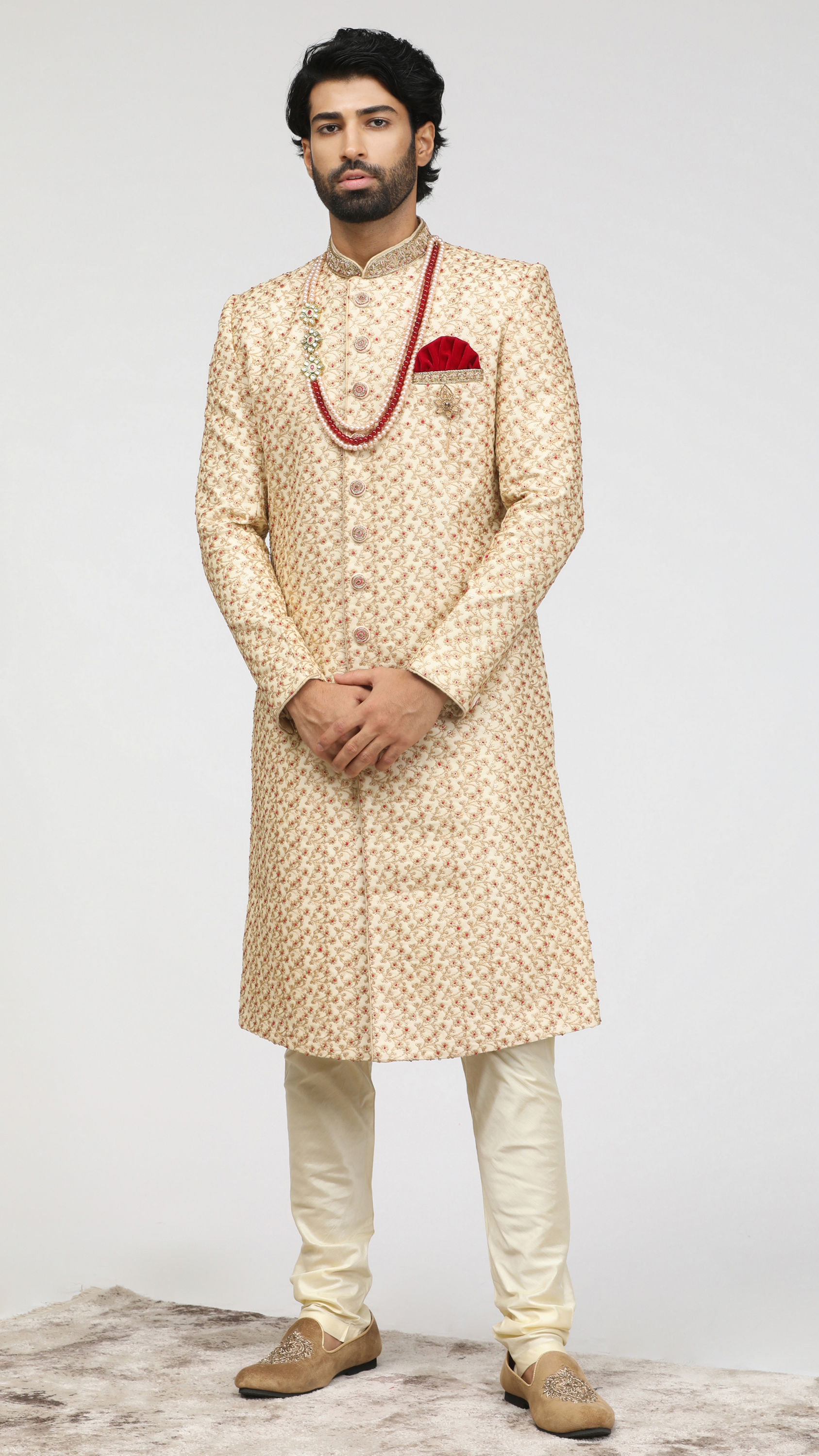 Manyavar Men Beige Sherwani With Heavy Embroidery Work
