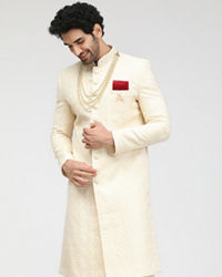 Manyavar Men Pristine White Self Design Sherwani