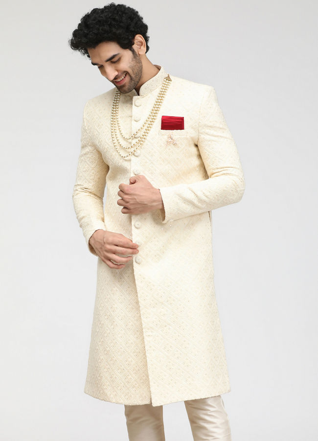 alt message - Manyavar Men Pristine White Self Design Sherwani image number 1