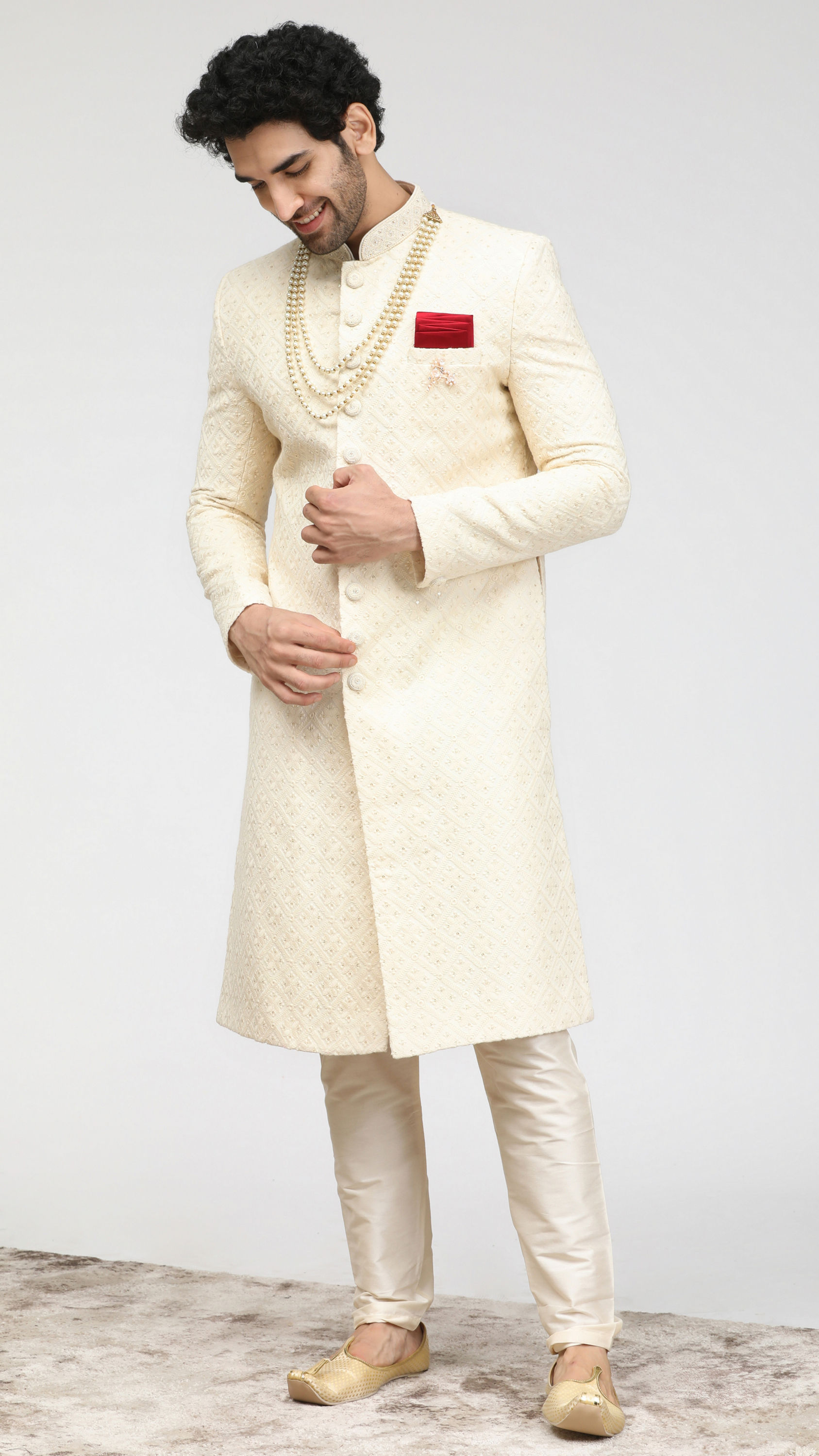 Manyavar Men Pristine White Self Design Sherwani