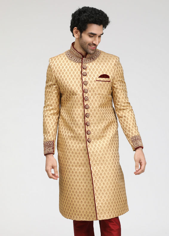 Manyavar Men Beige Jacquard Groom Sherwani