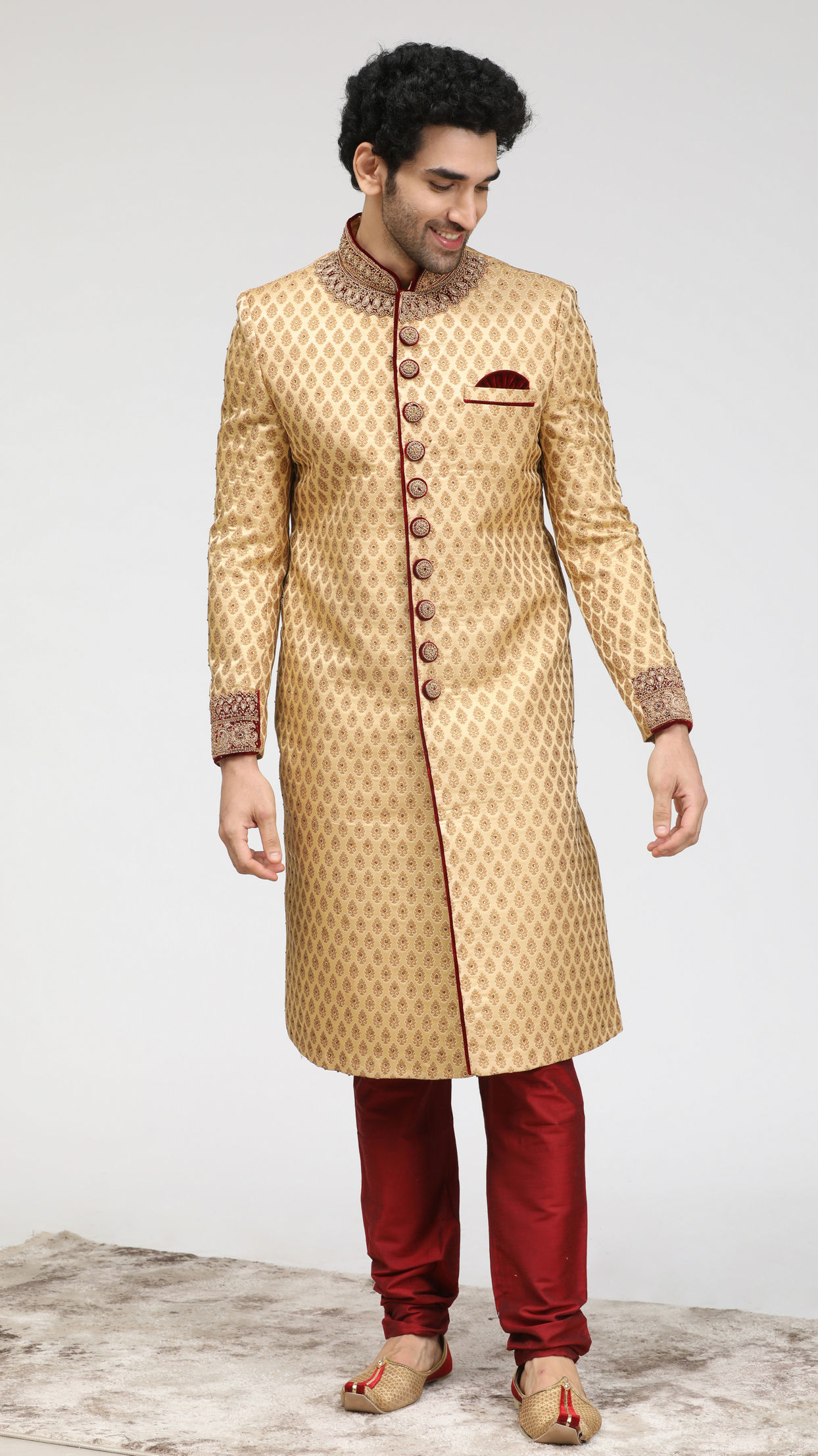 Manyavar Men Beige Jacquard Groom Sherwani