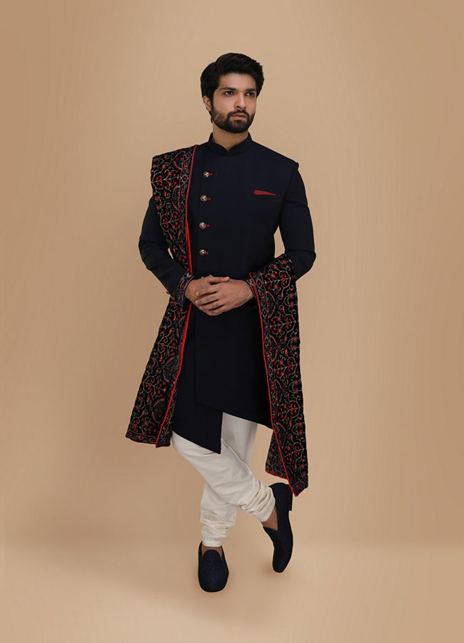 alt message - Manyavar Men Classy Blue Indo Western Set image number 1