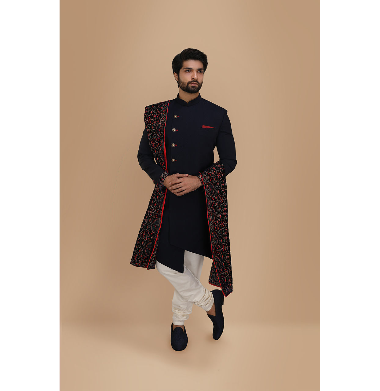 alt message - Manyavar Men Classy Blue Indo Western Set image number 1