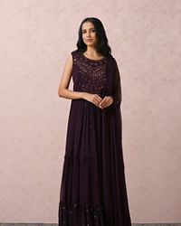 Mohey Women Wine Mirror Gown With Dupatta