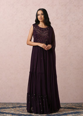 alt message - Mohey Women Wine Mirror Gown With Dupatta image number 0