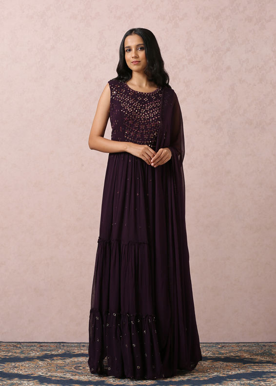 Mohey Women Wine Mirror Gown With Dupatta