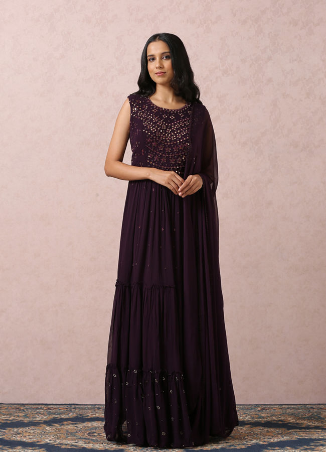 alt message - Mohey Women Wine Mirror Gown With Dupatta image number 0