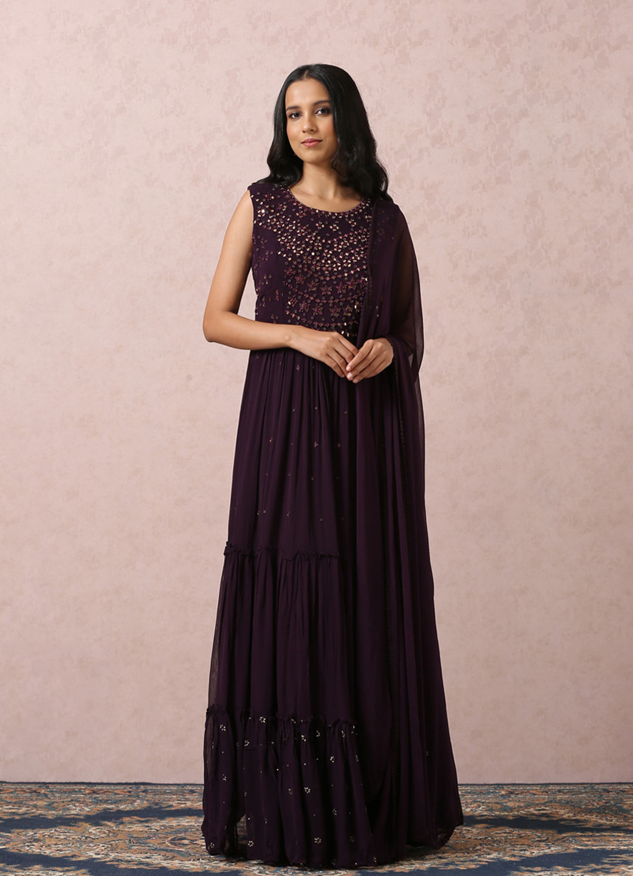 Mohey Women Wine Mirror Gown With Dupatta