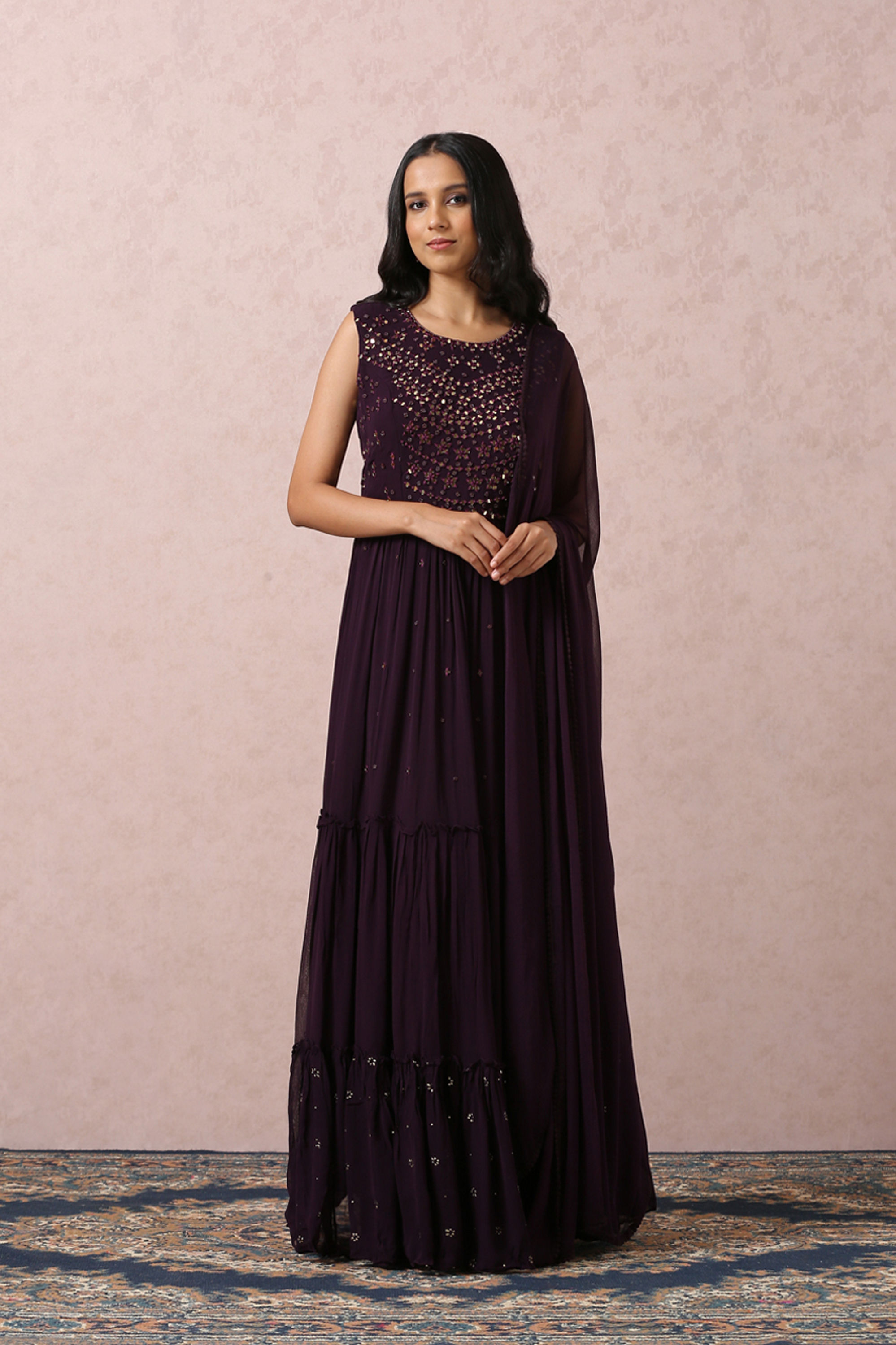 Mohey Women Wine Mirror Gown With Dupatta