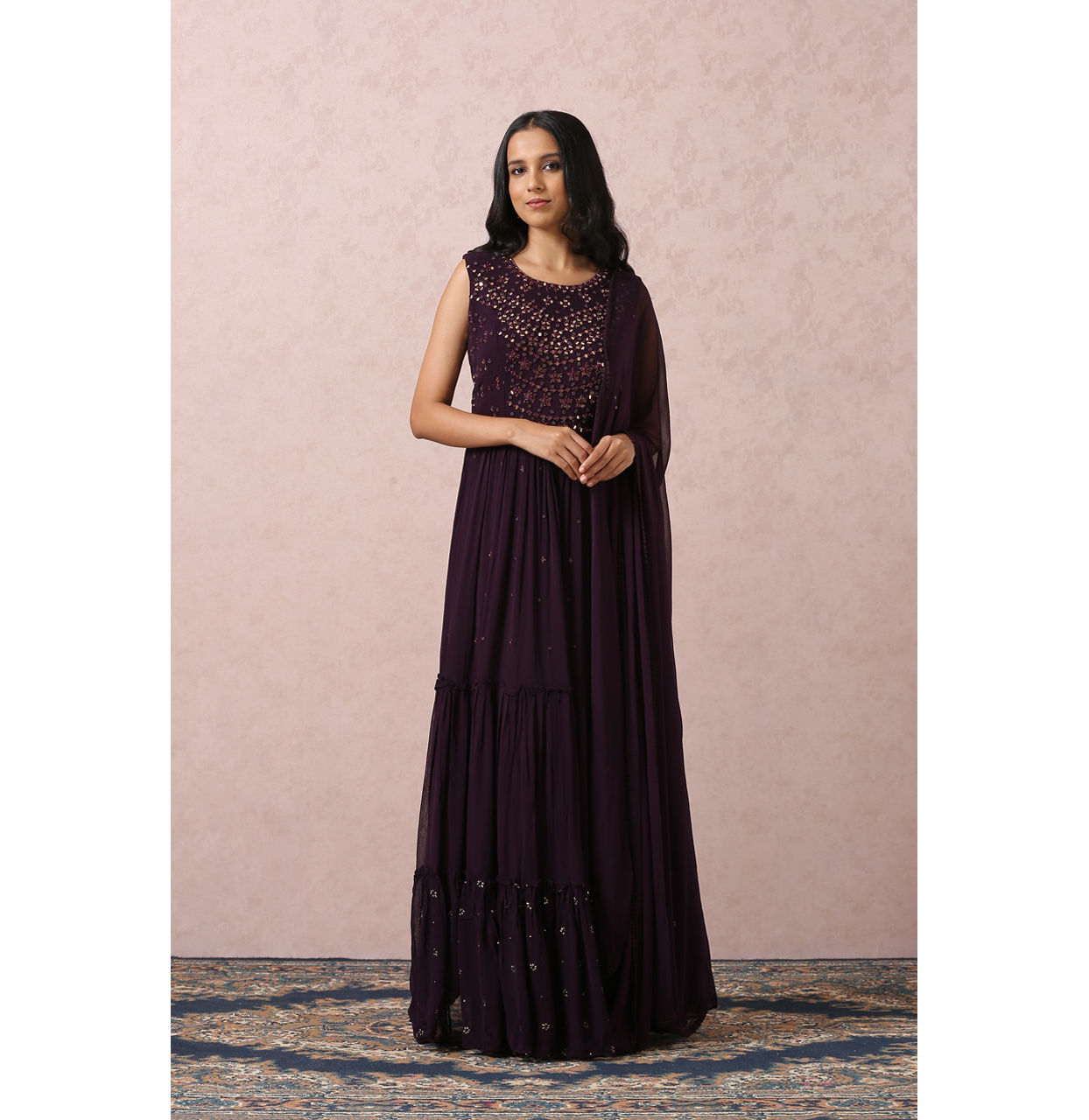 Mohey Women Wine Mirror Gown With Dupatta