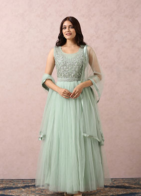Mohey Women Pista Green Embellished Gown With Dupatta