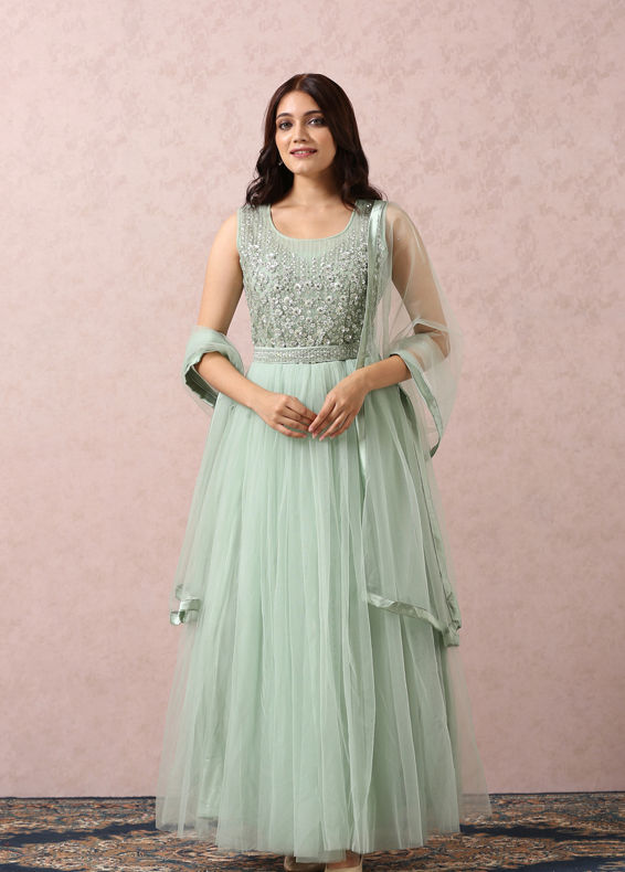 Mohey Women Pista Green Embellished Gown With Dupatta