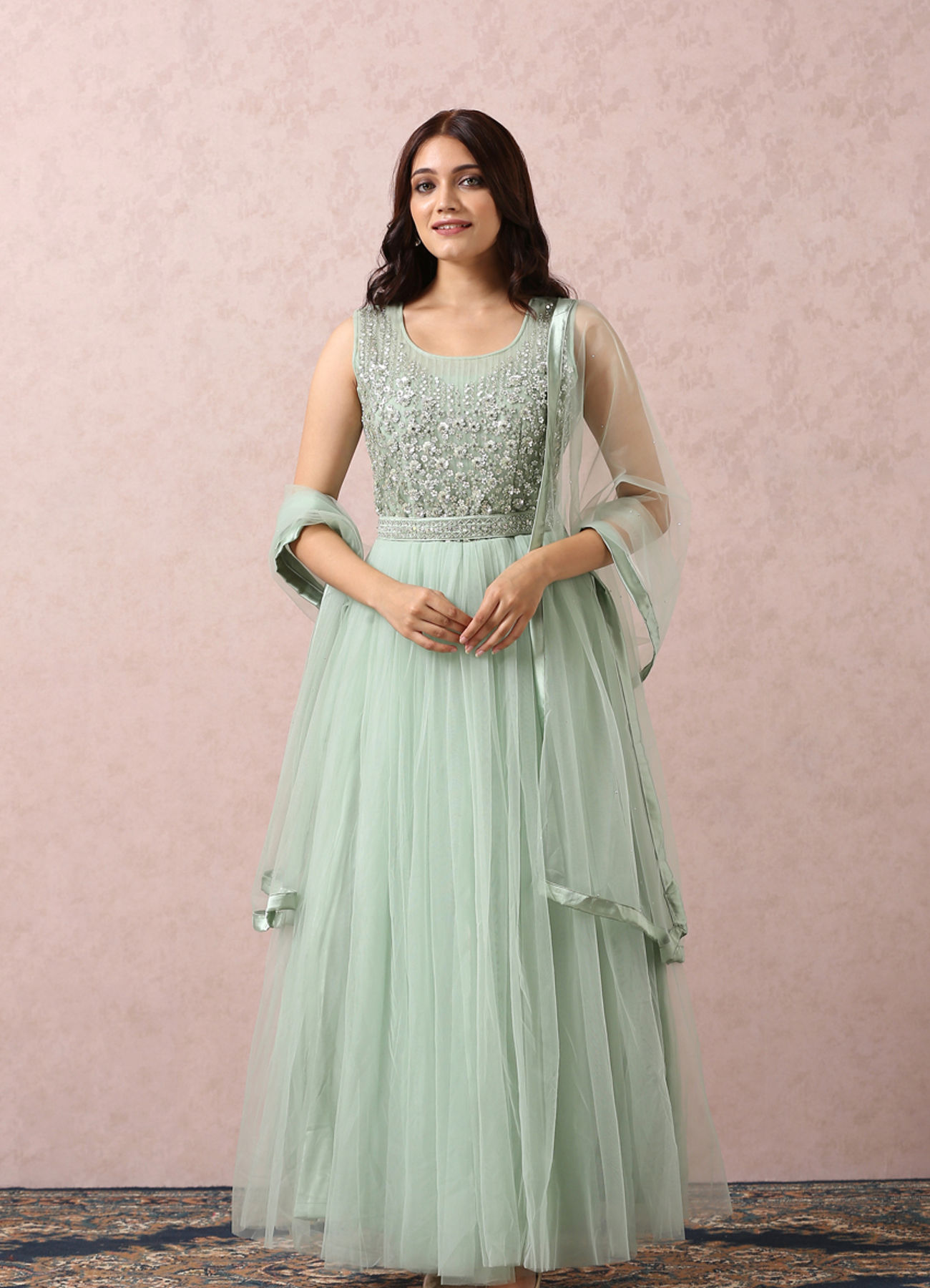 Mohey Women Pista Green Embellished Gown With Dupatta