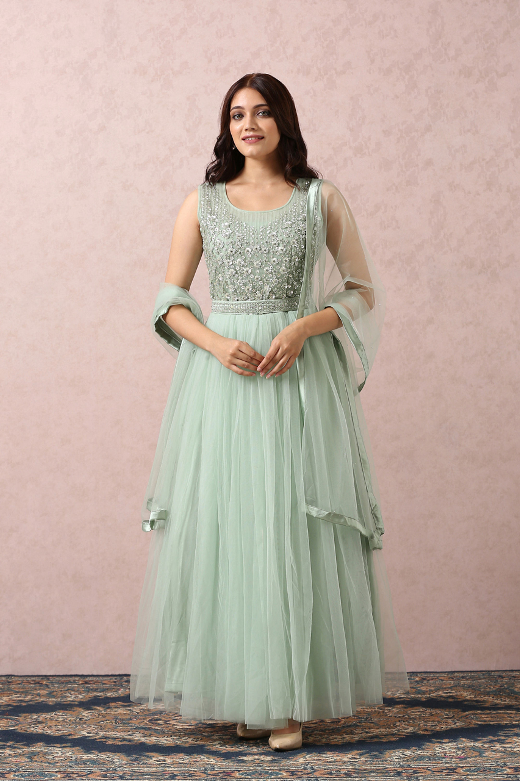 Mohey Women Pista Green Embellished Gown With Dupatta