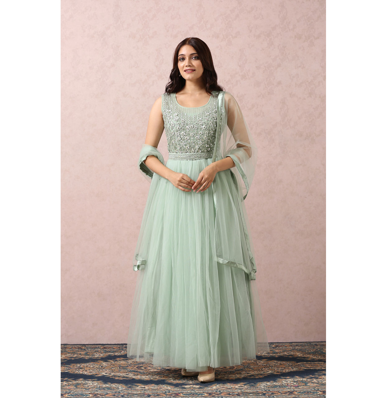 Mohey Women Pista Green Embellished Gown With Dupatta