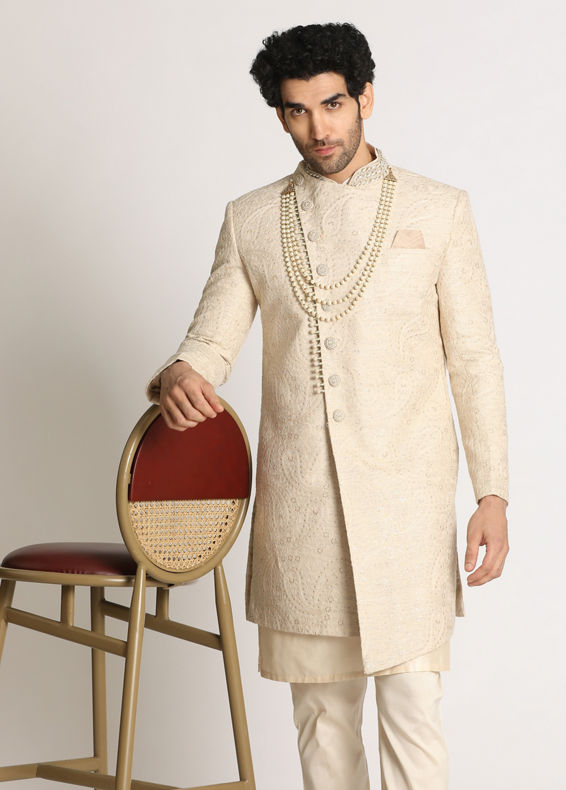 Manyavar Men Light Grey Paisley Indo Western