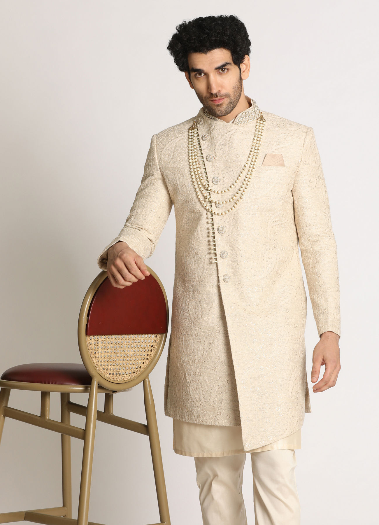 Manyavar Men Light Grey Paisley Indo Western