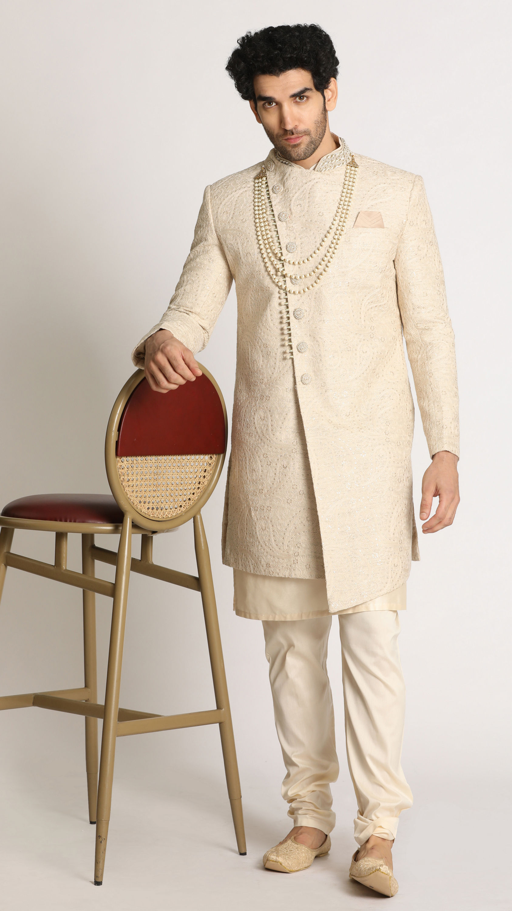 Manyavar Men Light Grey Paisley Indo Western