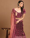 alt message - Mohey Women Wine Red Velvet Lehenga image number 0