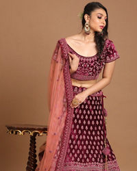 Mohey Women Wine Red Velvet Bridal Lehenga