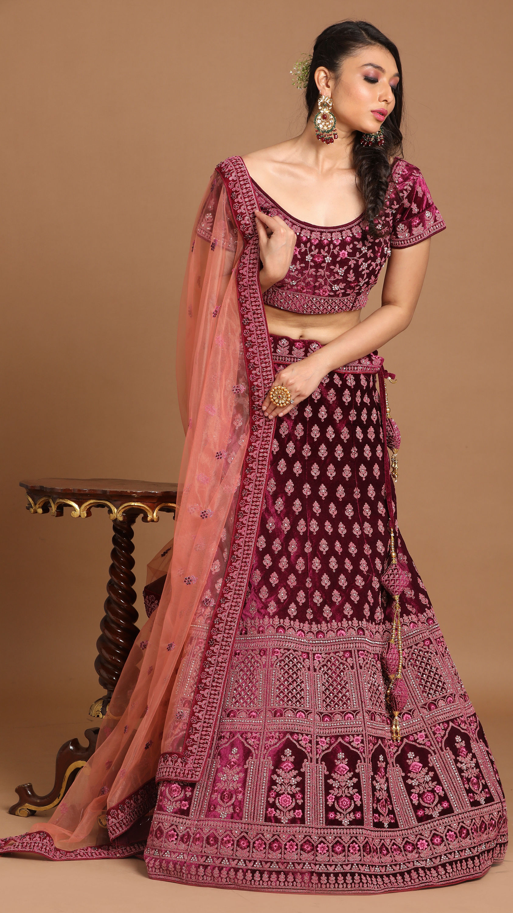 Mohey Women Wine Red Velvet Bridal Lehenga