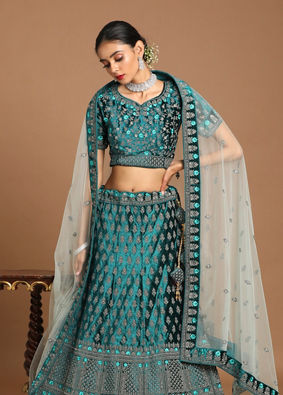 Mohey Women Sea Green Velvet Bridal Lehenga