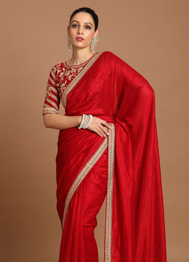 Buy Red Silk Plain Contemporary Sari Online : Mauritius - Saree