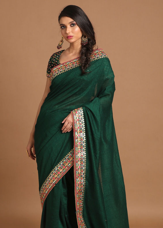 Mohey Women Plush Bottle Green Saree
