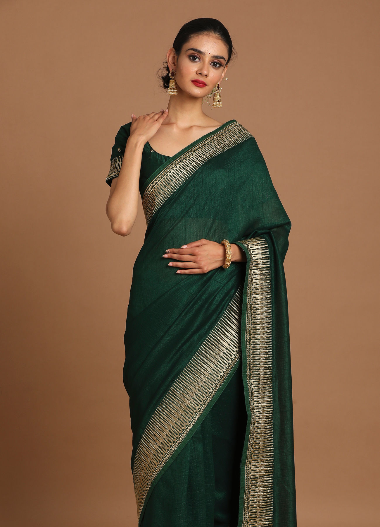 Mohey Women Bodacious Bottle Green Saree