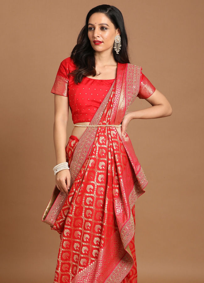 Mohey Women Blissful Rani Red Bridal Saree