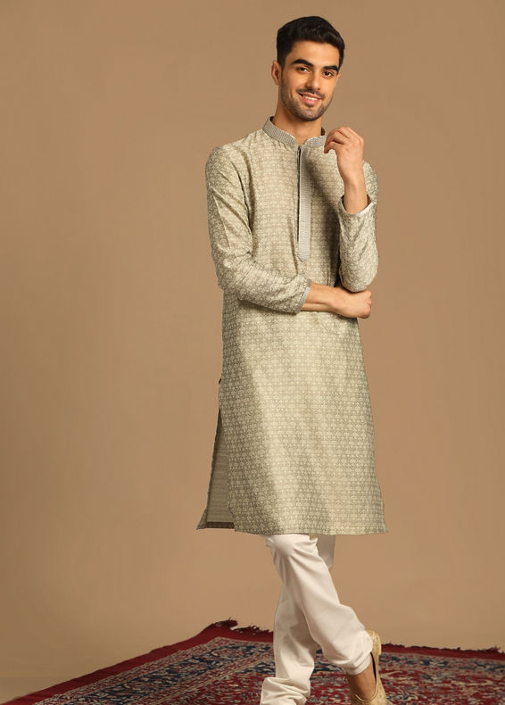 Manyavar Men Smoke Grey Self Design Kurta Set