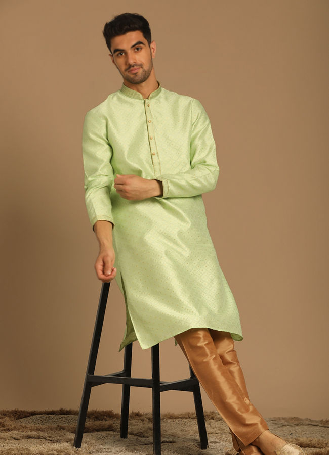 Manyavar Men Light Green Kurta Set With Golden Booti